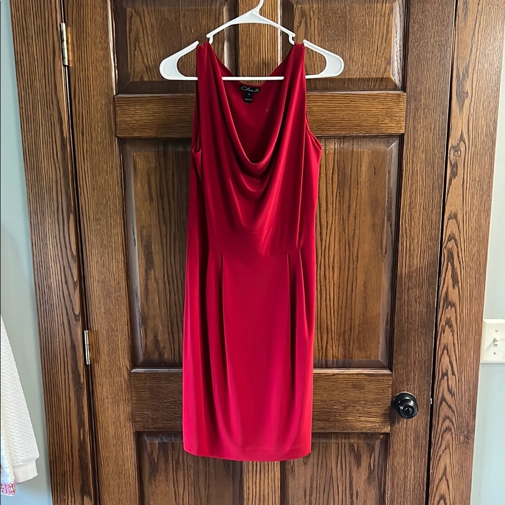 Red Sheath Midi Dress with Cowl Neck